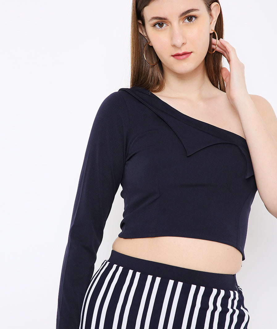 Black 3D Collar OffShoulder Crop Top
